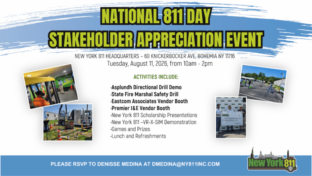 Poster for National 811 Day Stakeholder Appreciation Event in New York on Aug 11, 2026, 10am–2pm, with photos collage and listed activities.